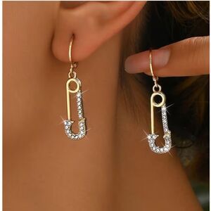 Gold Rhinestone Safety Pin Lever Back Earrings